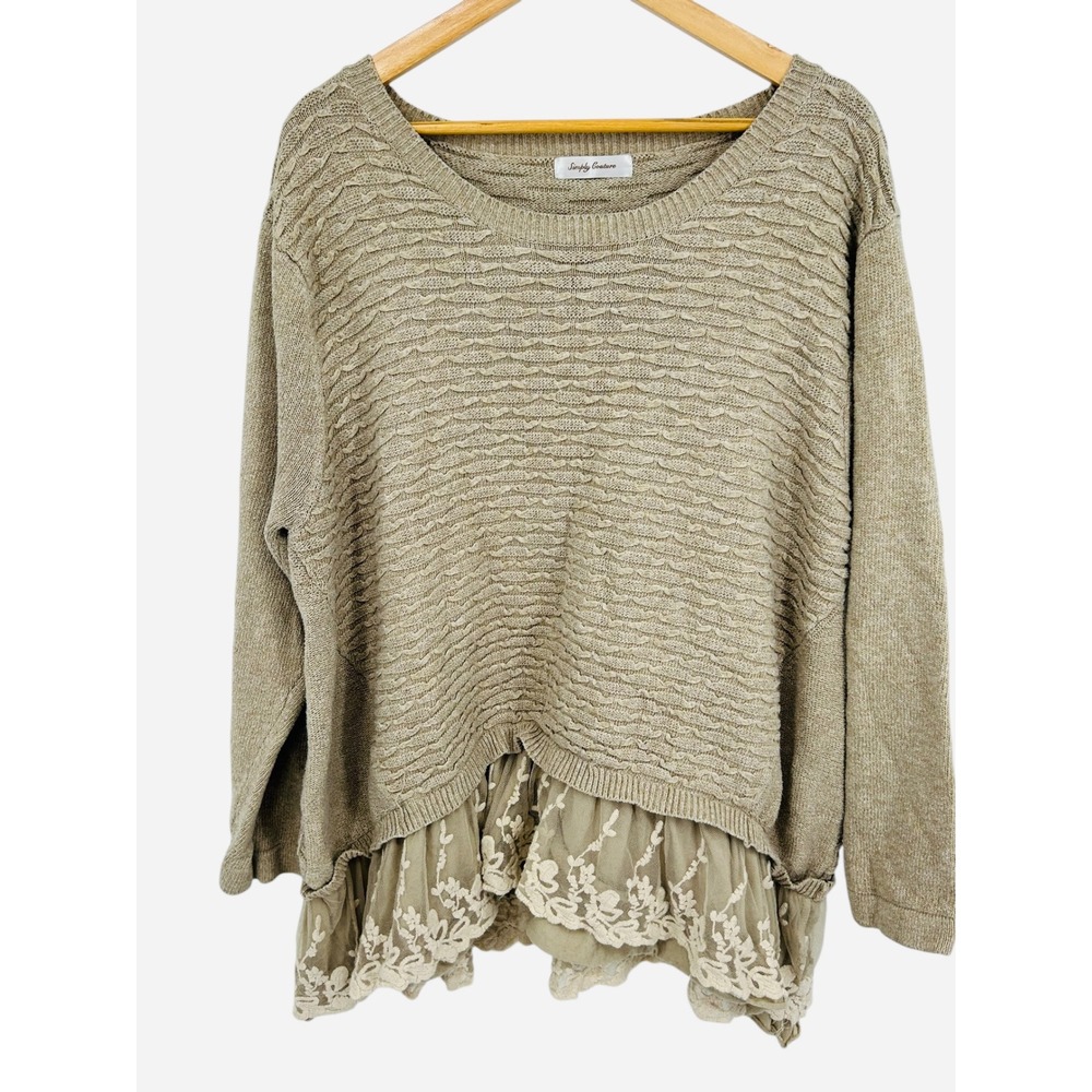 Simply‎ Couture Women's Beige Textured Knit Lace Trim Top Tunic Size 2X